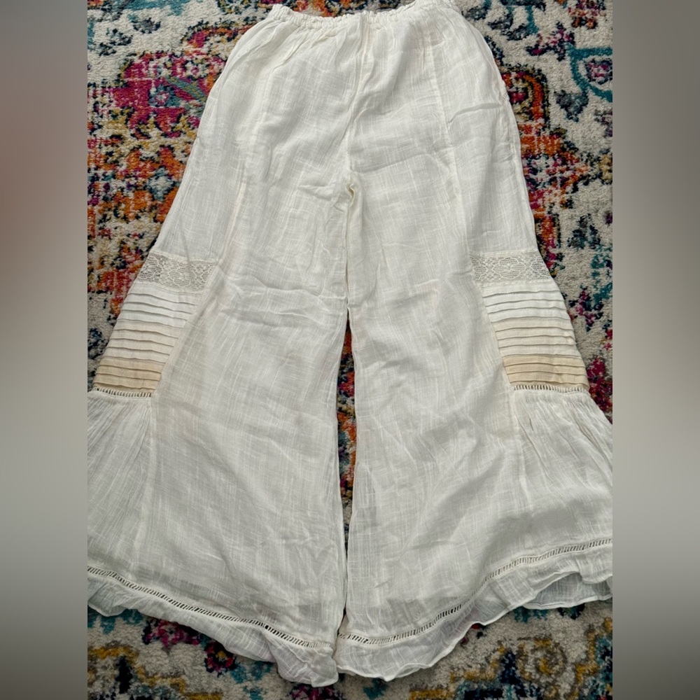 Free People White Wide-Leg Boho Pants with Pintuck & Lace - Picture 7 of 8